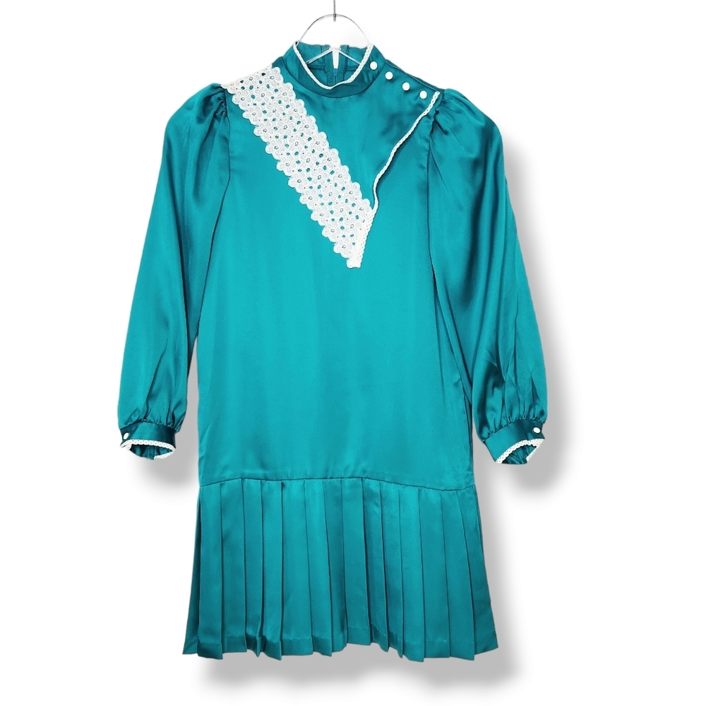 Vintage Ruth of Carolina Girls Dress Teal Blue Green Lace Pleated Size 10